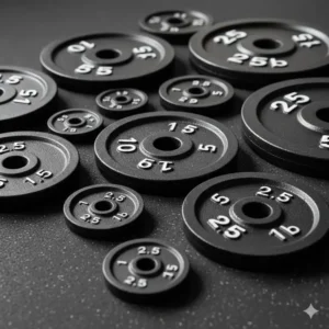 Close-up of the durable cast iron weight plates that make up the 200 lb dumbbell set.