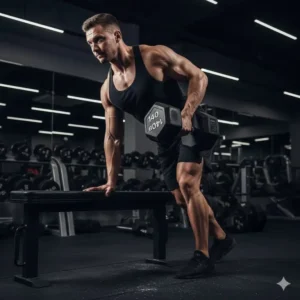 Detailed illustration showing the correct starting position for a single-arm 140 lb dumbbell row to target the lats and back muscles.