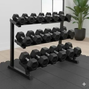 An organized display of different weight sizes within a premium rubber coated dumbbells set.
