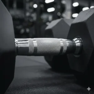 Illustration 2: Close-up detail of the steel handle knurling on a heavy 150 lb dumbbell pair for maximum grip.