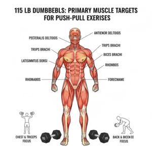 An anatomical chart highlighting muscle groups targeted when using 115 pound dumbbells.