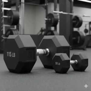 A visual comparison of a massive 115 lb dumbbells next to a 50 lb dumbbell, clearly showing the difference in size and plate thickness.