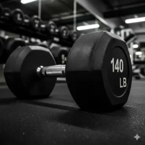 A close-up shot of the knurling and weight indicator on a 140 pound dumbbells, highlighting the grip and material quality.
