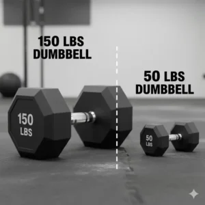 Visual scale showing the difference in size between a large set of 150 lbs dumbbells and a standard 50 lb weight.