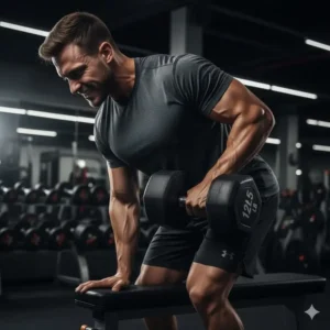 Illustration of an athlete successfully performing a single-arm row with the 125 pound dumbbell to build back strength.