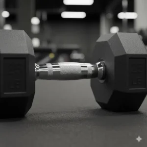 Detailed shot of the knurled chrome handle attached to a rubber coated dumbbells set for better grip.