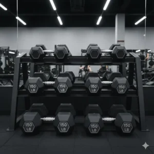 Illustration 3: A reinforced steel storage rack holding a heavy-duty 150 lb dumbbell pair safely.