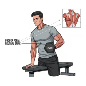 Instructional illustration showing the correct posture for a row using 75 pound weights.