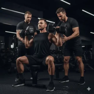Two spotters assisting a lifter to safely position a pair of 140 lb dumbbells for a challenging incline press, highlighting safety in heavy training.