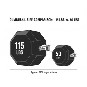 A visual size comparison between standard weights and heavy 115 pound dumbbells.