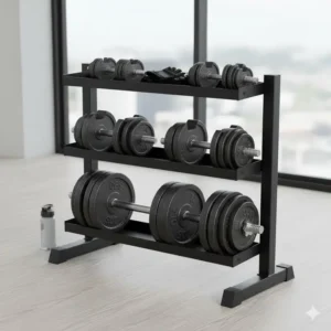 "Space-saving storage rack designed specifically for organizing the complete 150 lbs dumbbell set, keeping the workout area neat."