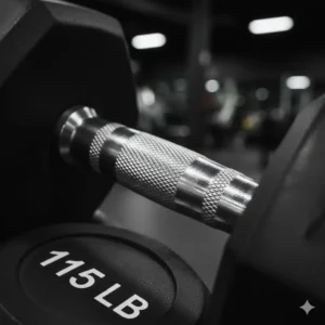 Close-up shot showing the textured chrome handle and knurling for a secure grip on professional-grade 115 lb dumbbells.