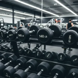 A high-quality gym rack displaying a full set of heavy dumbbells, with the 140 pound dumbbells prominently positioned in the middle.