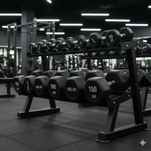 Industrial gym rack designed for heavy weights, securely holding the massive set of 150 lbs dumbbells among other sizes.