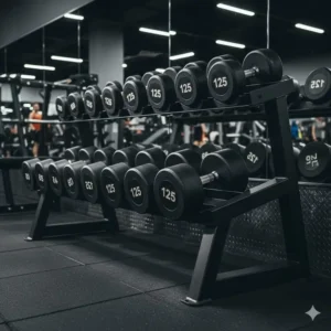 Heavy-duty commercial gym rack holding the complete set of 125 pound dumbbells, organized for safe storage.