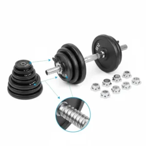 "Illustration showing the various weight plates and locking collars used to adjust the 150 lbs dumbbell set for different weights."