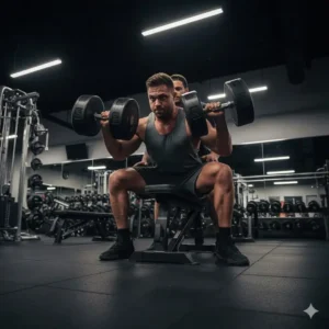 Illustration 4: An athlete performing a powerful flat bench press using a 150 lb dumbbell pair.