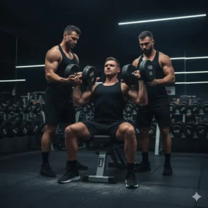 An image of a heavy-duty gym rack with a set of large, high-weight dumbbells, including a clear 140 lb dumbbell, neatly organized in a professional setting.