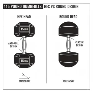 Illustration comparing the hex head and round head design of 115 pound dumbbells.