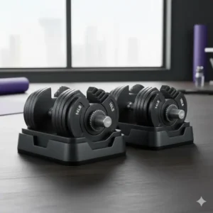 A comprehensive view of a premium adjustable dumbbell set that can reach weights up to 140 pound dumbbells, showing the weight selector mechanism.