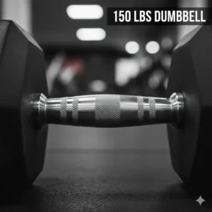 Close-up view of the chrome handle and deep knurling on the core of the 150 lbs dumbbells for maximum grip.