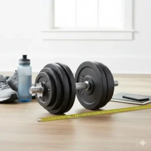"Image showing the size and scale of the 150 lbs dumbbell set next to a water bottle for visual comparison."