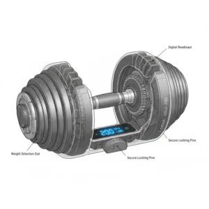 Illustration 5: A technical diagram of an innovative adjustable weight system that reaches up to 200 lbs dumbbells.