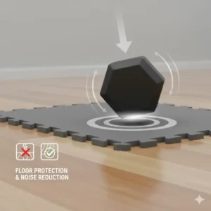 Demonstrating the protective thick outer layer of a rubber coated dumbbells set against hard flooring.