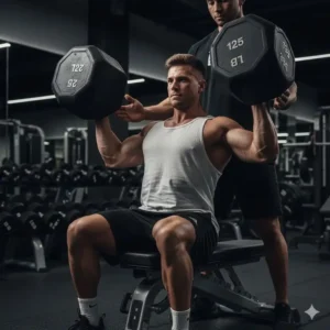 Graphic depicting the proper technique for kicking up and getting into position to perform an overhead press with a 125 pound dumbbell.