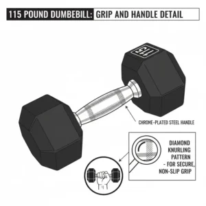 Close-up view of the chrome knurled grip handle on professional 115 pound dumbbells.
