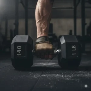 A detailed shot of a hand securely gripping the knurled handle of a 140 lb dumbbell, illustrating the importance of a strong, secure grip for such a heavy weight.