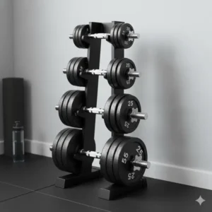 Vertical weight rack providing a compact storage solution for the 200 lb dumbbell set.