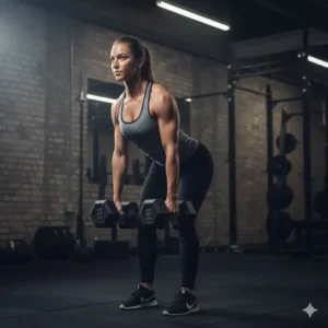 A female lifter demonstrating proper form for a Romanian Deadlift (RDL) while holding the 115 lb dumbbells for lower body training.