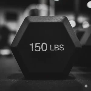 The clear '150 LBS' weight designation proudly stamped on the head of the heavy-duty 150 lbs dumbbells.