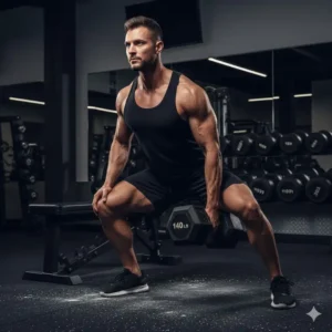 A strong individual executing a rear-foot elevated split squat (Bulgarian split squat) while holding a single 140 lb dumbbell to build lower body strength.