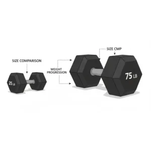 Illustration of a fitness athlete performing a chest press exercise with 75 pound weights.