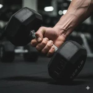 Image focusing on a strong hand grip around the thick, knurled handle of the heavy 125 pound dumbbell.
