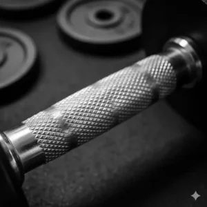 Close-up of the non-slip knurled chrome handle feature of the 200 lb dumbbell set.