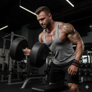 Illustration 6: A bodybuilder performing heavy rows using a single unit from a 150 lb dumbbell pair.