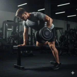 Illustration 6: Proper form demonstration for a single-arm dumbbell row using heavy iron 200 lbs dumbbells.