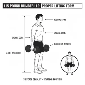 Training diagram demonstrating the correct posture for lifting 115 pound dumbbells safely.