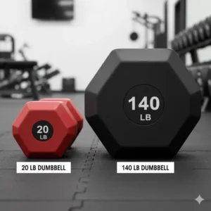 A visual comparison showing the size difference between a standard 20 lb dumbbell and a massive 140 pound dumbbells side-by-side.