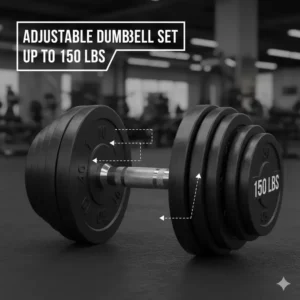 A diagram highlighting the robust locking system of an adjustable set configured to the maximum 150 lbs dumbbells setting.