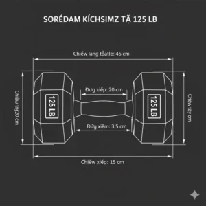 A technical diagram outlining the length, handle diameter, and other key dimensions of a standard 125 pound dumbbell.