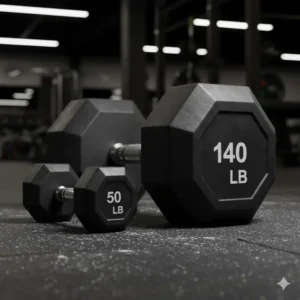 A size comparison image showing a large 140 lb dumbbell next to a standard 50 lb dumbbell, visually demonstrating the scale of heavy lifting equipment.