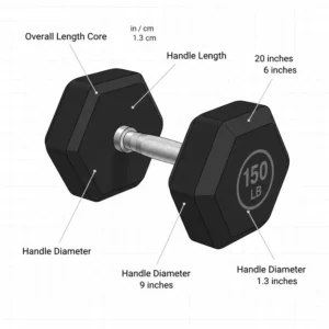 Illustration 7: Diagram showing the exact length and head diameter measurements of a 150 lb dumbbell pair.