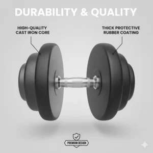 Infographic showing the internal cast iron construction of a durable rubber coated dumbbells set.