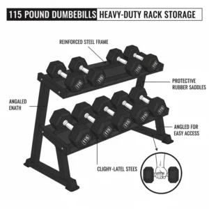 A reinforced commercial storage rack holding multiple pairs of 115 pound dumbbells.