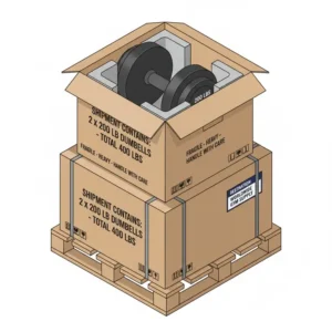 Illustration 7: An illustration showing the secure wooden crate packaging required for shipping heavy 200 lbs dumbbells.