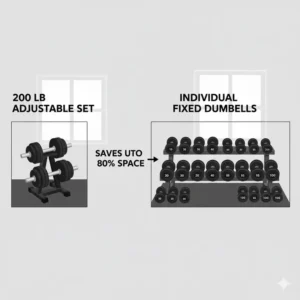 Infographic showing the small footprint and efficiency of a 200 lb dumbbell set for home use.